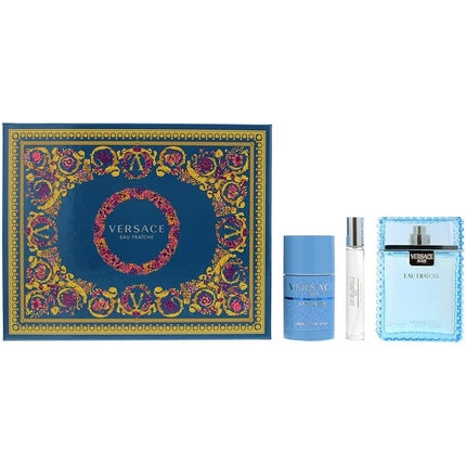 Versace Man Eau Fraiche Gift Set with Eau de Toilette 100ml, Deodorant Stick 75ml, and Travel Spray 10ml