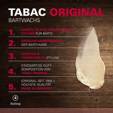 Tabac Original Beard Wax with the Unmistakable Tabac Original Scent - Gentle Beard/Skin Care - Optimal Styling - 40g