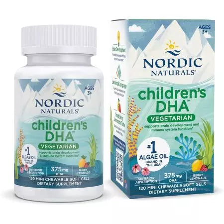 Nordic Naturals pentru copii DHA Vegetarian 375mg 120 mini softgels masticabile (limonadă de fructe de pădure)