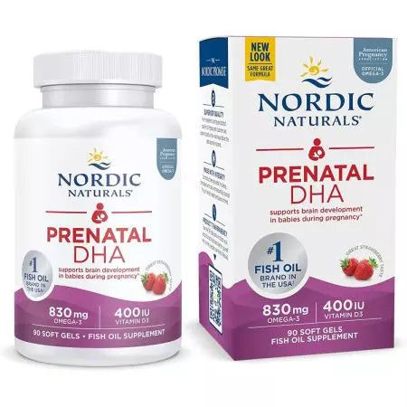 Šiaurės šalių natūralūs prenataliniai DHA omega3 830 mg su vitaminu D3 90 minkštųjų pluoštų (braškių)