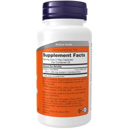 Nu fødevarer acetyllcarnitine 500 mg 50 veg -kapsler