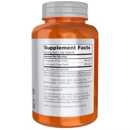 Ahora Foods Arginine & Citrulline 500mg / 250mg 120 Cápsulas de vegetales