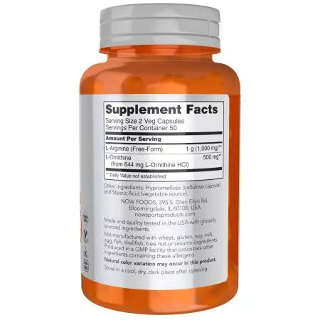 Maintenant aliments arginine et ornithine 500/250 mg 100 capsules