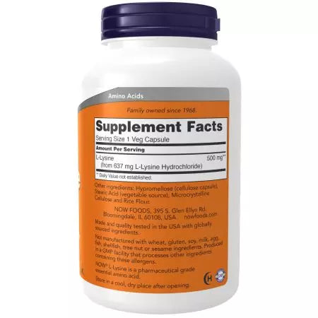 Maintenant aliments llysine 500mg 250 capsules de légumes