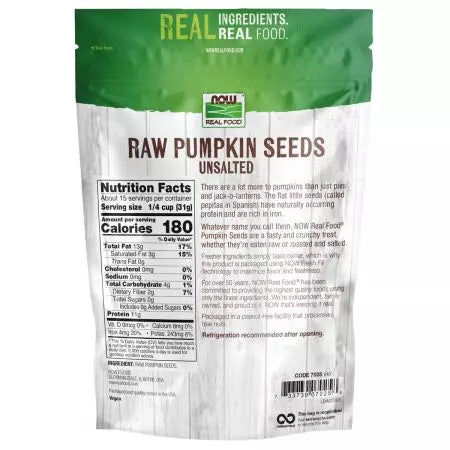 Ahora semillas de calabaza de alimentos, crudas y sin sal, 16 oz