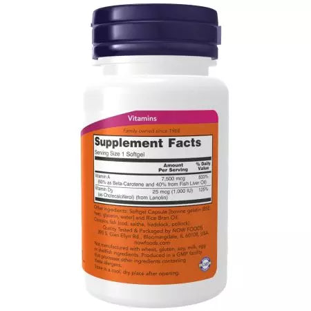 Now Foods Vitamin A & D3 25,000/1,000 IU 100 Softgels