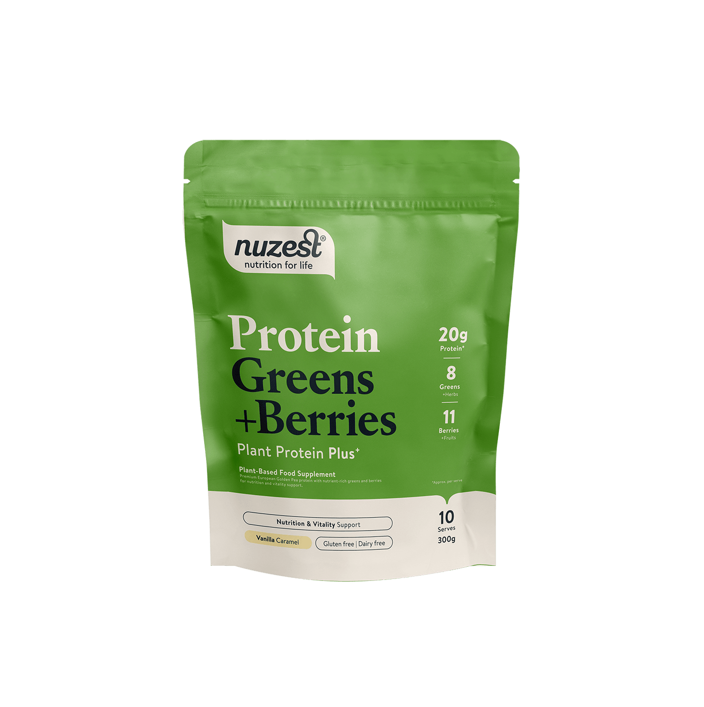 Nuzest - 300g - Protein Plus Greens + Berries Vanilla & Caramel - welzo