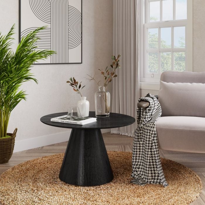 Black Round Wood Grain Coffee Table – Oscura Modern Design with Tapered Base 80cm