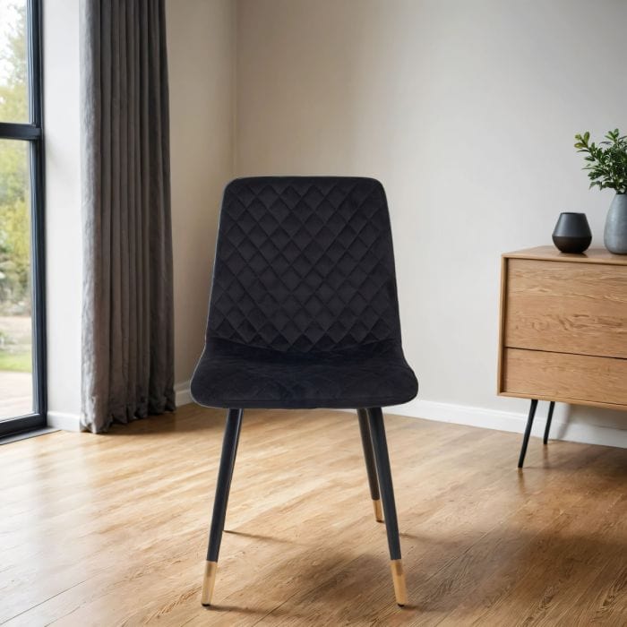 6x sedie da pranzo in velluto di lusso nero plushore con gambe nere con punta d'oro