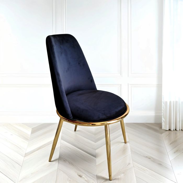 2x Black Velvet Dining Chairs – Riviera Luxury with Gold Legs & Curved Back Design