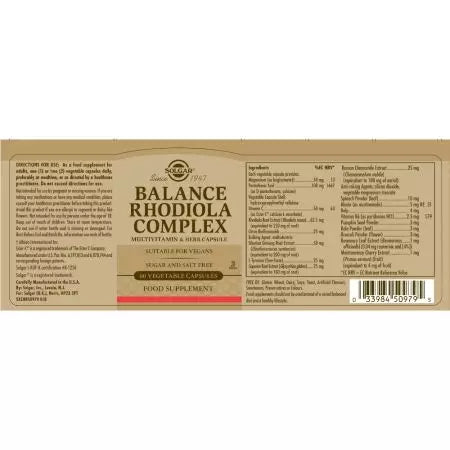 „Solgar Balance Rhodiola“ komplekso daržovių kapsulių pakuotė 60