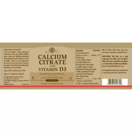 Citrate de calcium Solgar avec comprimés de vitamine D3 Pack de 240