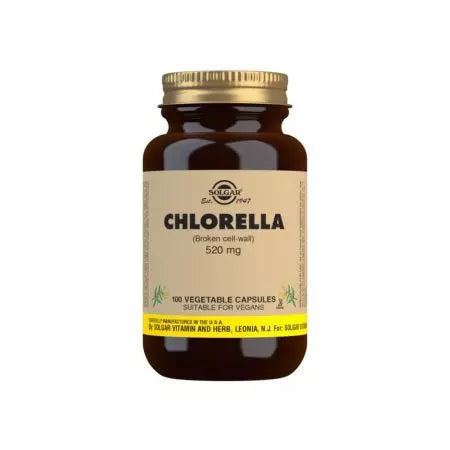 „Solgar Chlorella 520 mg“ daržovių kapsulių pakuotė 100