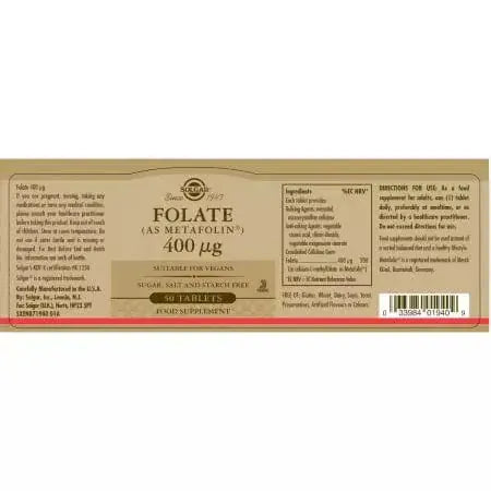 Солгар фолат (като метафолин) 400 ug таблетки