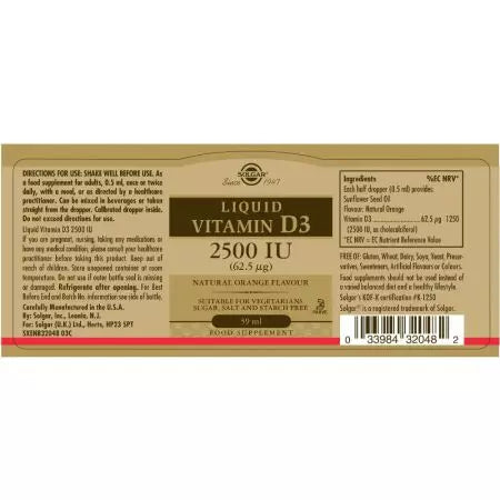 Solgar folyékony D3 -vitamin 2500 NE (62,5 ug) természetes narancssárga íze 59ml