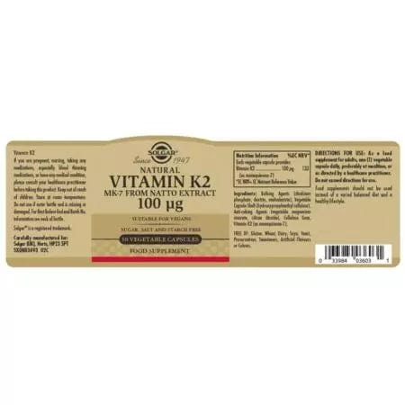 Solgar Natural Vitamin K2 (MK7) 100 ug Vegetable Capsules Pack of 50