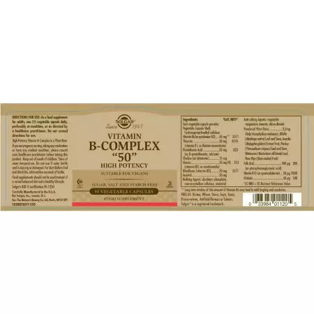 Solgar Vitamina BCOMPLEX 50 Cápsulas de vegetales de alta potencia Paquete de 50