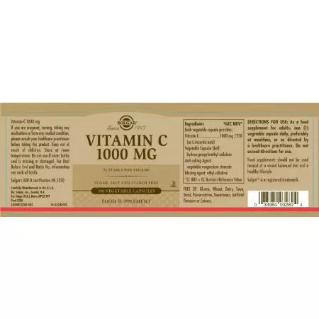 „Solgar“ vitamino C 1000 mg daržovių kapsulių pakuotė 100