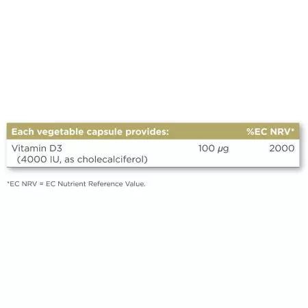 Solgar Vitamina D3 (Cholecalciferol) 4000 UI (100 ug) Cápsulas de vegetales Paquete de 120