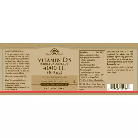 Solgar D3 -vitamin (kolekalciferol) 4000 NE (100 ug) zöldségkapszulák csomagja 120