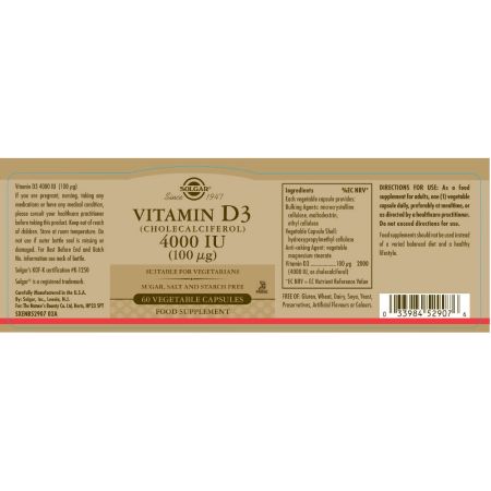 Solgar vitamin D3 (cholecalciferol) 4000 IU (100 ug) biljnih kapsula pakiranje od 60