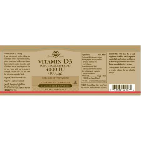 Solgar Vitamin D3 (Cholecalciferol) 4000 IU (100 ug) Vegetable Capsules Pack of 60