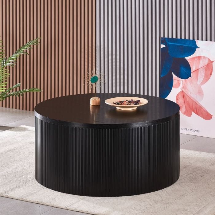 Sombra Round Black Couchtisch - geriffelter Holzkorn -Effekt, 100 cm breit, keine Baugruppe erforderlich