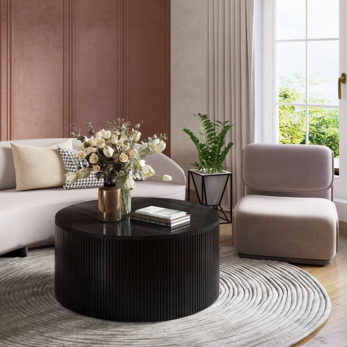 Sombra Round Black Couchtisch - geriffelter Holzkorn -Effekt, 100 cm breit, keine Baugruppe erforderlich
