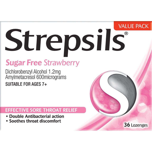 Strepsils Lozenges Strawberry Sugar Free Pack of 36 - welzo