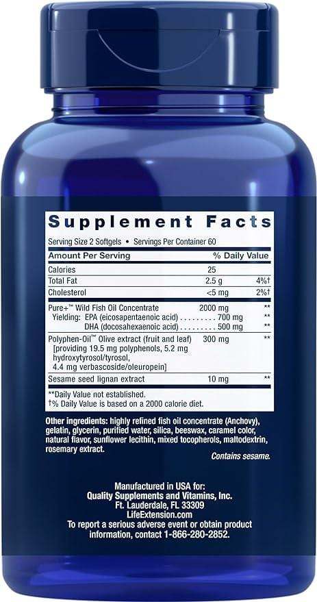 Super Omega-3, EPA/DHA with Sesame Lignans Olive Fruit Extract - 120 Softgels - Life Extension - welzo