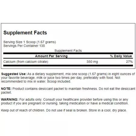 Swanson 100% tīrs kalcija citrāta pulveris 350 mg 8oz nepielāgots pulveris