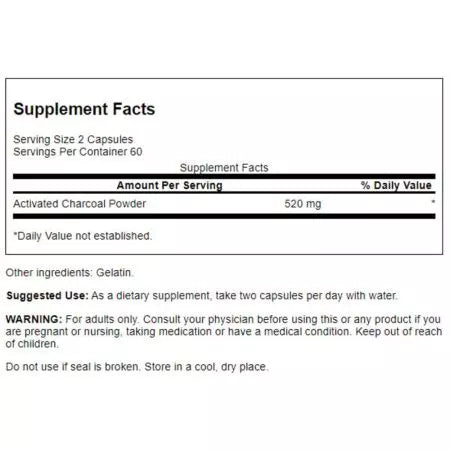 Carbón activado de Swanson 260 mg 120 cápsulas