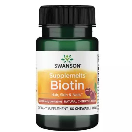 „Swanson Biotin“ natūralaus vyšnių skonis 5000 mcg 60 kramtomų tablečių