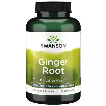 Swanson Ginger Root capsules for digestive comfort and nausea, available at Welzo