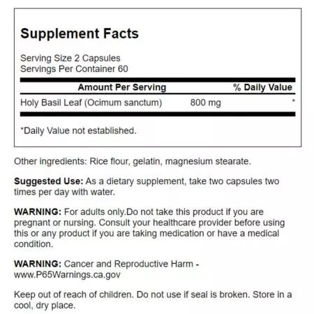 Swanson Holy Basil Leaf 400mg 120 Cápsulas