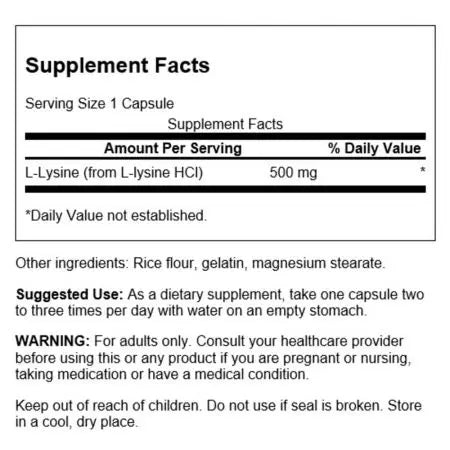 Swanson Llysine Formulário livre 500mg 100 cápsulas