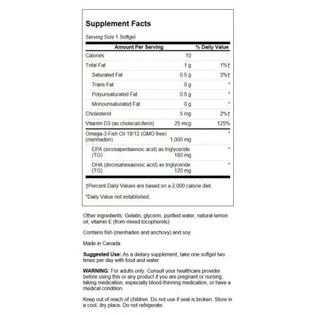 Swanson Omega3 fiskeolie med D -vitamin 1.000 mg 60 softgels citronsmag