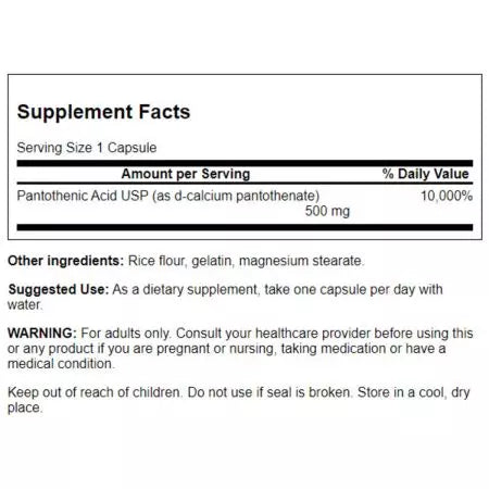 Swanson pantoteenhape 500 mg 250 kapslit