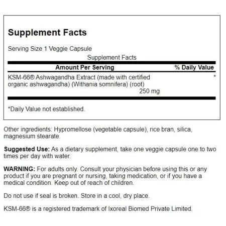 Swanson Ultimate Ashwagandha KSM66 250 mg 60 veģetārās kapsulas