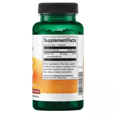 Swanson Vitamina D3 Potență ridicată 1.000 UI (25 mcg) 250 capsule