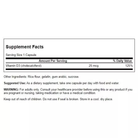 Swanson vitamīns D3 augsta potenci 1000 SV (25 mcg) 30 kapsulas