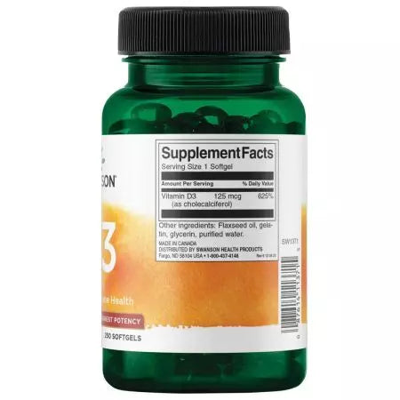 Swanson D3 -vitamiini Suurin potentiaali 5000 IU (125 mcg) 250 Softgels