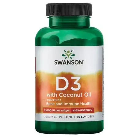 „Swanson“ vitaminas D3 su kokosų aliejumi 2 000IU (50 mcg) 60 minkštųjų duobių