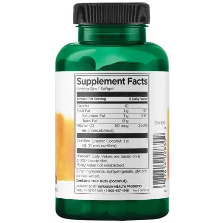 Swanson Vitamin D3 με λάδι καρύδας 2.000IU (50 mcg) 60 softgels