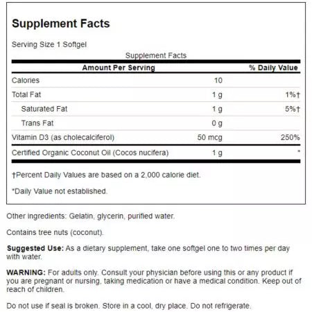 Swanson Vitamina D3 com óleo de coco 2.000IU (50 mcg) 60 softgels