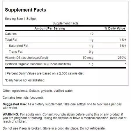 Swanson Vitamin D3 with Coconut Oil 2,000iu (50 mcg) 60 Softgels