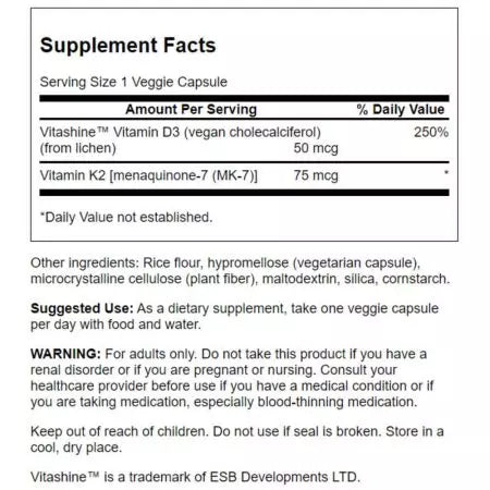 Swanson vitamīni D3 un K2 2 000iu un 75 McG 60 veg kapsulas