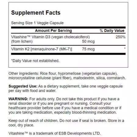 Swanson Vitamins D3 & K2 2,000iu & 75 mcg 60 Veg Capsules