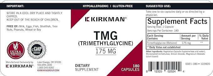 TMG 175mg, 180 Capsules - Kirkman Laboratories - welzo