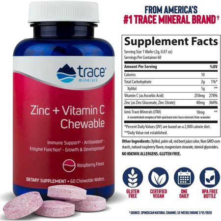 Trace minerales de zinc y vitamina C Raspberry 60 masticables